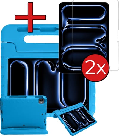 Hoesje - Geschikt voor Apple iPad Pro (2024/2025) - 11 inch - Met 2x Screenprotector - Kinderhoes - Shockproof Bumper - Kidsproof Case - Tablethoes - Kinder Hoes Cover - Blauw