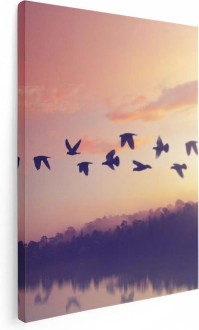 Artaza Canvas Schilderij Zonsondergang - 30x40 cm - Klein - Wanddecoratie Vogels - Muurdecoratie Silhouet - Kamer Accessoires