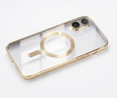 Transparant goudkleurig telefoon hoesje met metallic randen – geschikt voor iPhone 16 Plus MagSafe – luxe backcover met MagSafe ring en camera bescherming