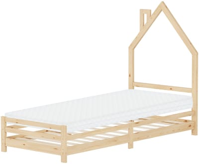 Kinderbed huis 90x200 cm naturel met matras H:10cm houten kinderbed met lattenbodem schoorsteen design ML-Design