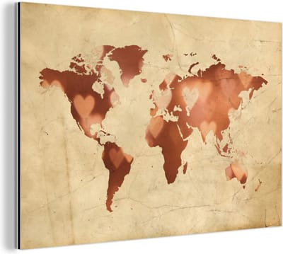 Wanddecoratie Metaal - Aluminium Schilderij Industrieel - Wereldkaart - Marmer - Hart - 180x120 cm - Dibond - Foto op aluminium - Industriële muurdecoratie - Voor de woonkamer/slaapkamer