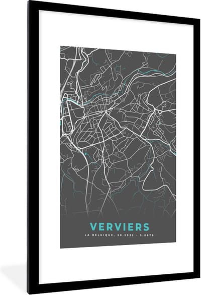 Fotolijst incl. Poster - Stadskaart – Grijs - Kaart – Verviers – België – Plattegrond - 60x90 cm - Posterlijst