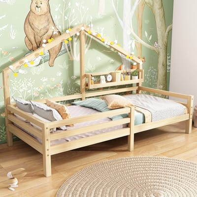Sweiko Kinderbed met Planken, Familiebed 90x200cm, met opbergrek, Beschermende leuning, Natuurlijke kleur (excl. matras)