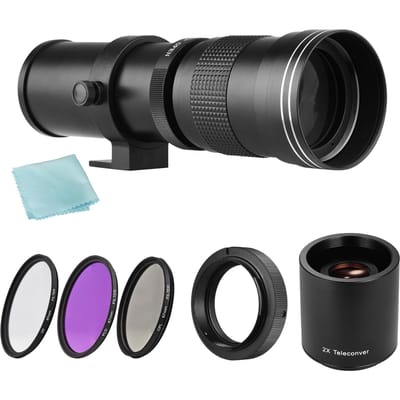 Camera MF Supertelezoomlens F/8.3-16 420-800 mm T-vatting + UV/CPL/FLD-filterset + 2X zwart