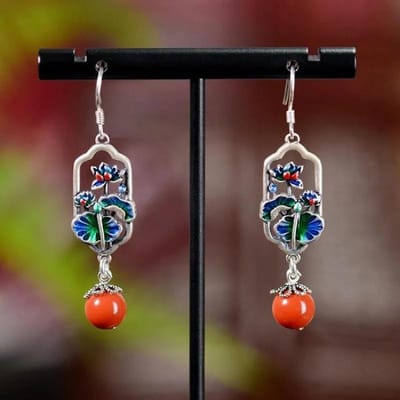 Natuurlijke Paarse Drakenkristal Oorbellen voor Vrouwen Vintage Cloisonné Ambacht Emaille Gekleurde Lotusbladeren Nieuw in Sieraden gray