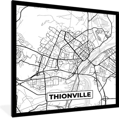 Fotolijst incl. Poster Zwart Wit- Stadskaart - Thionville - Frankrijk - Kaart - Plattegrond - Zwart wit - 40x40 cm - Posterlijst