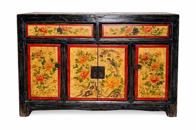 Fine Asianliving Antieke Chinese Dressoir Pioenrozen Handgeschilderd B110xD42xH85cm Chinese Meubels Oosterse Kast