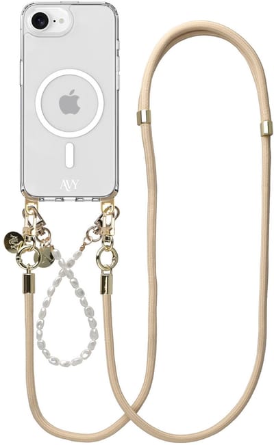 AVY Hoesje geschikt voor Apple iPhone 17e / 16e | Compatibel met MagSafe | Clear Case met Telefoonkoord Set | Polsband & Crossbody Pearl & Rope Beige