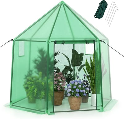 KOMFOTTEU Broeikas, foliekas met PE roosterfolie, broeikas met roldeur en 2 ramen, tomatenkas voor tuin, tuinkas, plantenhuis, plantentent, 198 x 172 x 190 cm, groen