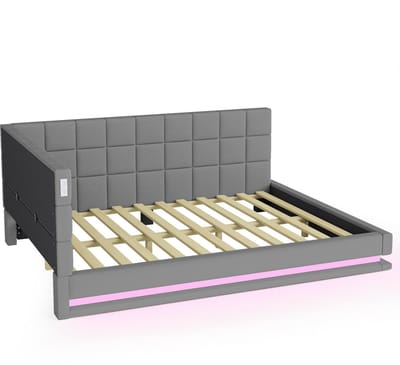 Gestoffeerd bed/slaapbank, 140*200 mm, multifunctioneel bed met led-lichtstrip, USB-aansluiting en lattenbodem, huidvriendelijke linnen grijze kleur.