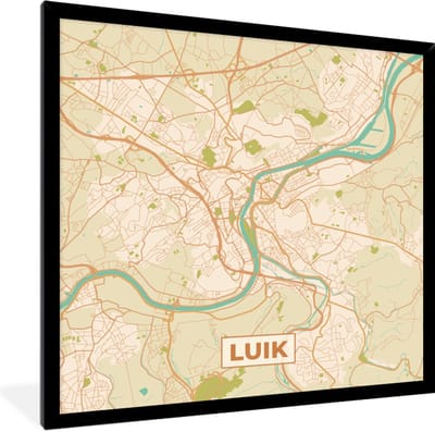Fotolijst incl. Poster - Luik - Kaart - Vintage - Plattegrond - Stadskaart - 40x40 cm - Posterlijst