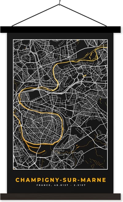 Posterhanger incl. Poster 40x60 cm - Schoolplaat - Champigny-sur-Marne - Stadskaart – Plattegrond – Kaart – Frankrijk - Textielposter - Zwarte latten - Stadskaart