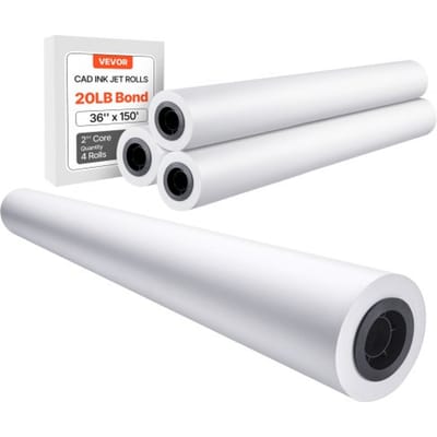 VEVOR Grootformaat Papierplotterpapier 45,7 m x 915 mm 4 Rollen CAD Bond Rollen met 50,8 mm Kern, Tekenrollen voor CAD-tekeningen, Technische Plannen, GIS-kaarten en Architectonische Ontwerpen Wit