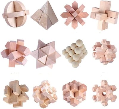 Houten Puzzelset - Logica Spel - Hersenen Trainen - 12 Unieke Ontwerpen - 4.5 cm Per Stuk - Houtkleur