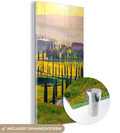 MuchoWow® Glasschilderij 20x40 cm - Schilderij acrylglas - Gras - Zon - Heuvel - Landschap - Foto op glas - Schilderijen