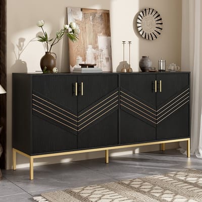 BLACKCOLORS - Buffetkast - Met 4 deuren - Elegant ontwerp - Zwart en goud - MDF-romp - Metalen poten - Grote capaciteit - In hoogte verstelbare planken - Voor woonkamer - Voor eetkamer - Voor hal
