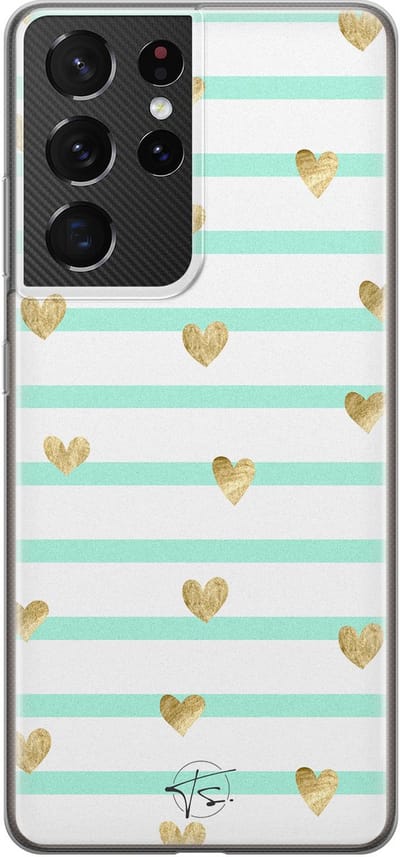 Hoesje geschikt voor Samsung Galaxy S21 Ultra - Mint hartjes - Soft Case - TPU - Print - Blauw - Mooie Telefoonhoesjes