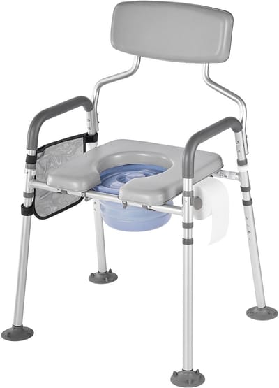 4-in-1 Nachttafel Commode Stoel, 227 kg Draagvermogen, Draagbare Toilet Met Gepolsterde Zitting Rugleuning, Verwijderbare 5 L Emmer, Instelbare Hoogte Breedte, Ideaal voor Senioren en Volwassenen