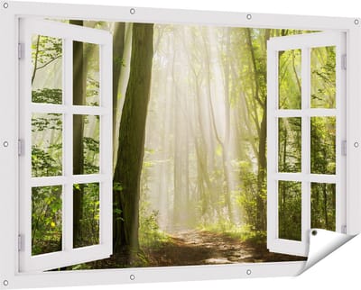 Gards Tuinposter Doorkijk Bos met Bomen en Zonneschijn - 150x100 cm - Tuindoek - Tuindecoratie - Wanddecoratie buiten - Tuinschilderij
