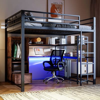 Hoogslaper 140x200 cm met bureau en kleine kledingkast - Kinderbed met ledverlichting met leuning, trap en lade - Metaal - Zwart(matras niet inbegrepen)
