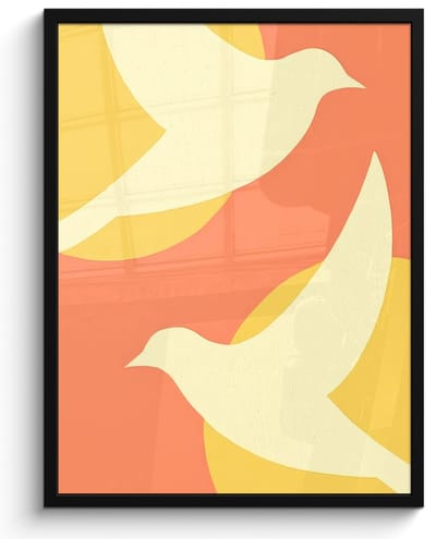 Poster in lijst - Fotolijst 50x70 cm - Posters - Vogels - Cirkels - Geel - Posterlijst zwart - Decoratie - Wanddecoratie woonkamer - Muurdecoratie slaapkamer
