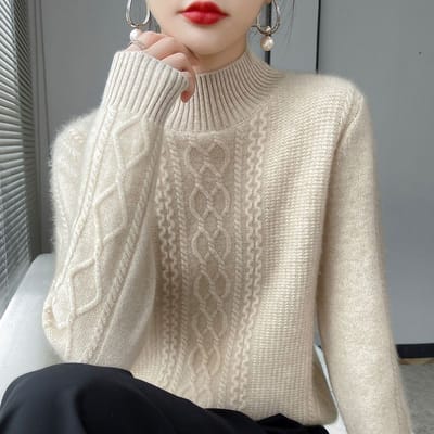 Pull col mi-haut, haut d'hiver épais pour femme, pull tricoté grande taille 2XL