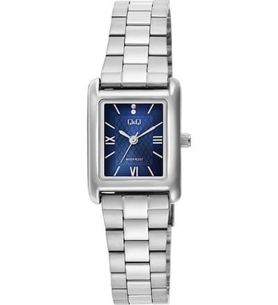 Q&Q C69A-004PY - Horloge - Polshorloge - Analoog - Dames - Vrouwen - Stalen band - Rechthoek - Metaal - Streepjes - Romeinse Cijfers - Zilverkleurig - DonkerBlauw