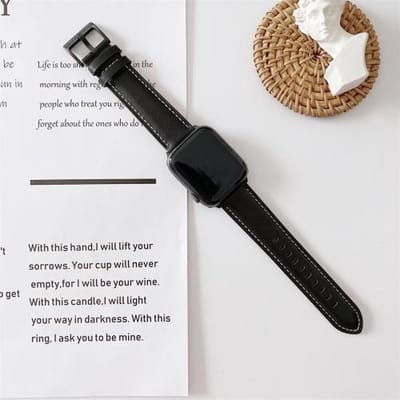 By Qubix - Geschikt voor Apple Watch bandje - Premium leather leer bandje - Zwart - Geschikt voor Apple Watch 44mm / 45mm / 46mm / 49mm (Ultra 1,2 en 3) - leren smartwatchbandje - Horlogebandje