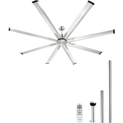 VEVOR 214 cm plafondventilator zonder licht, 6-snelheden afstandsbediening, 8 bladen, omkeerbare DC-motor, ventilator voor slaapkamer, woonkamer, terras, binnen/buiten, geborsteld nikkel