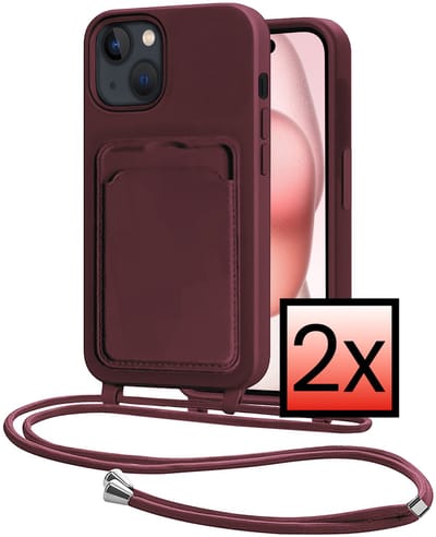 Hoes Geschikt voor iPhone 15 Plus Hoesje Pasjeshouder Cover Met Koord Case Siliconen Hoes Met Telefoonkoord en Kaarthouder - Aubergine - 2 PACK
