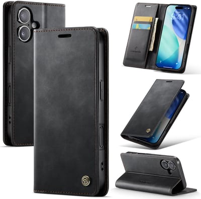 Casemania Hoesje Geschikt voor Apple iPhone 17 - Charcoal Gray - Luxe Kunstleer Dunne Telefoonhoesje met Pasjeshouder en Standaardfunctie - Slim Wallet Case - Zwart