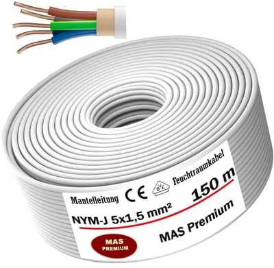 Kabel voor vochtige ruimtes, stroomkabel NYM-J 5x1,5 mm², geschikt voor installatie in droge, vochtige en natte ruimtes
