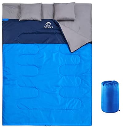 oaskys Dubbele slaapzak voor volwassenen met 2 kussens - Queen Size XL waterdichte slaapzak voor alle seizoenen kamperen wandelen backpacken 2 persoons slaapzakken voor koud weer en warm