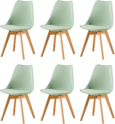 Eetkamerstoelen-Eetkamerstoelen set van 6- gevoerde zitting van PU-leer-vintage stijl- met massief beukenhouten poten- Ijsgroen.