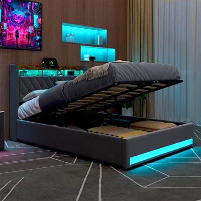 Wishdor Gestoffeerd Bed met LED & Opbergplank - Twijfelaar 140x190 - Hydraulisch (32cm) - Fluweel Grijs