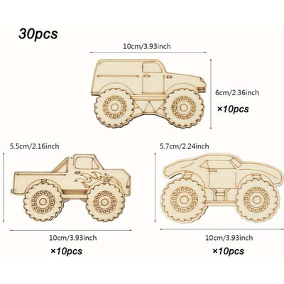 30 pièces Découpes Camion Monstre en Bois, Formes de Voiture Artisanales à Peindre, Ornements de Camion Véhicule Bricolage en Bois, Étiquettes Cadeaux Pour Décorations de Fête à la Maison 30pcs beige