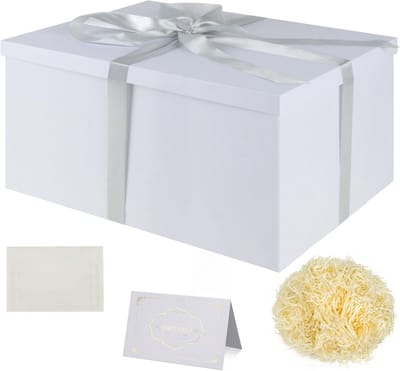 Grote Witte Cadeau Dozen met Deksel en Lint, 38 x 28 x 19 cm, Perfect voor Kerst, Verjaardag en Bruiloft met Zijdepapier en Wenskaarten