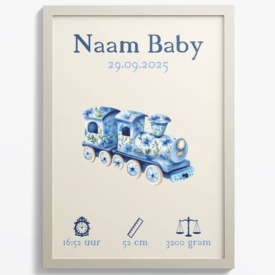 Baby / Geboorte poster - Blauw Trein- Met Naam, Geboortedatum, Gewicht, Lengte en Tijd - A2+ Formaat 43,2 x 61 cm - Gepersonaliseerde Baby posters