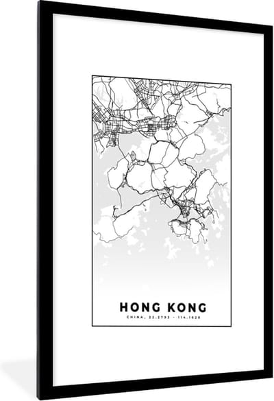 Fotolijst incl. Poster Zwart Wit- Kaart - Hong Kong - Zwart Wit - Stadskaart - Plattegrond - 60x90 cm - Posterlijst