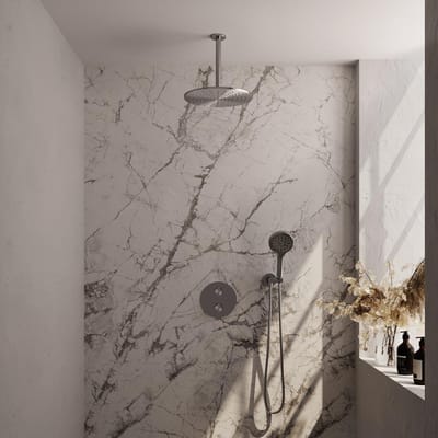 Brauer Brushed Edition thermostatische inbouw regendouche 3-weg rond SET 84 met 30 cm douchekop en plafondarm en 3-standen handdouche en doucheslang en wandaansluitbocht RVS geborsteld PVD