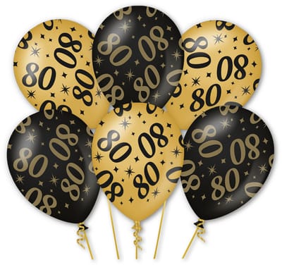 LUQ – Latex Ballonnen 80 Jaar – 6 Stuks – Zwart-Goud – Luxe Verjaardag Decoratie – Birthday Party – Helium Ready