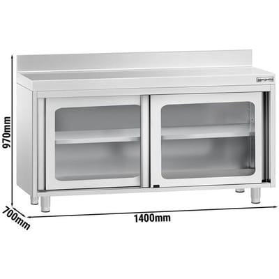 GGM Gastro Edelstahl Arbeitsschrank PREMIUM - 1400x700mm - mit Glasschiebetür & Aufkantung