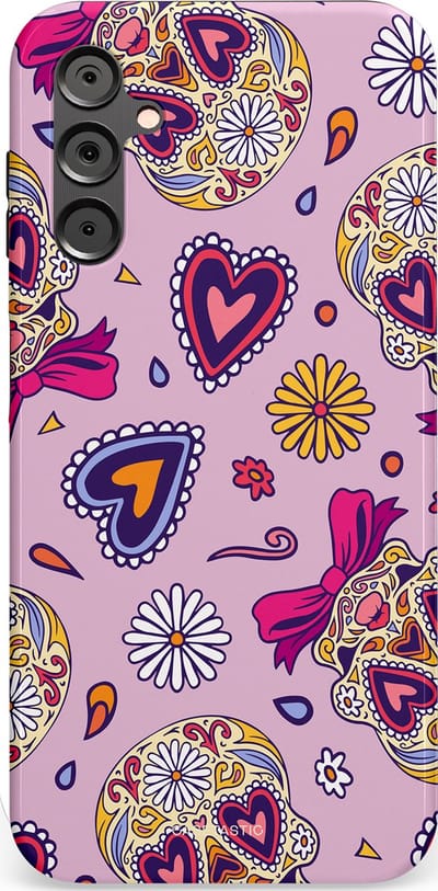 Casetastic hoesje geschikt voor Samsung Galaxy A14 (2023) 5G / Samsung Galaxy A14 (2023) 4G - Dubbellaagse bescherming - Dia de los Muertos Doodshoofd Strik - Fashion Case - Lichtroze Lila Taupe Zilver