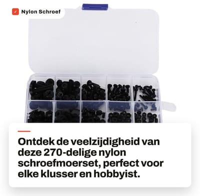 Dailygoods- Schroevenset 270 Stuks - Nylon Schroefmoerset - Assortimentsdoos Schroeven - Bevestigingsmiddelen - Zwarte Kleur - Professionele Kwaliteit