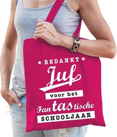 Bedankt juf katoenen tasje - roze kleur - Juffendag / einde schooljaar cadeau - School juffen