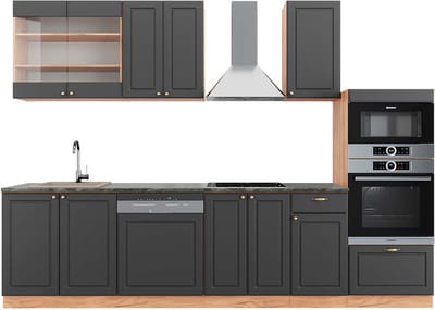 Vicco Fame-Line Complete keukeneenheid – 300 cm met hoge kast, WB Antraciet Antraciet Landhuis/Goud Kraft Eik