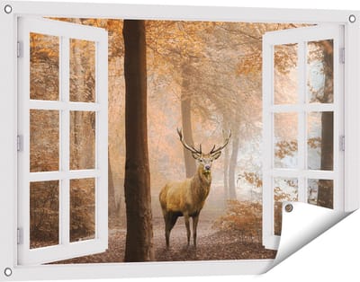 Gards Tuinposter Doorkijk Hert in het Bos - Herfst - 90x60 cm - Tuindoek - Tuindecoratie - Wanddecoratie buiten - Tuinschilderij
