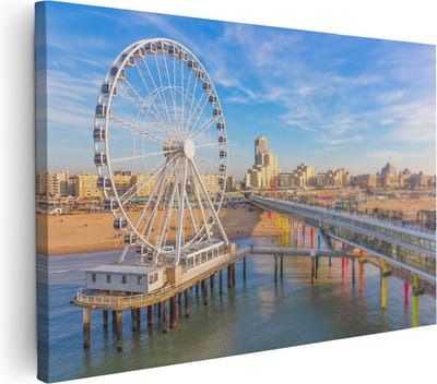 Artaza Canvas Schilderij Strand En Zee - 30x20 cm - Klein - Wanddecoratie Scheveningen - Muurdecoratie Kust - Kamer Accessoires Pier