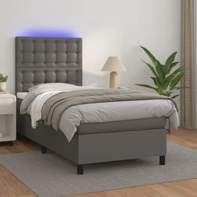 vidaXL - Boxspring - met - matras - en - LED - kunstleer - grijs - 80x200 - cm