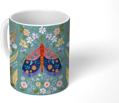 Mok - Koffiemok - Vlinder - Sierlijk - Bloemen - Bladeren - Mokken - 350 ML - Beker - Koffiemokken - Theemok